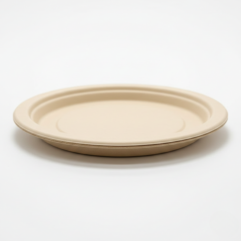 Close-up of an uncoated bamboo fiber round plate with a smooth rim, PFAS-free option for bulk and wholesale purchase.