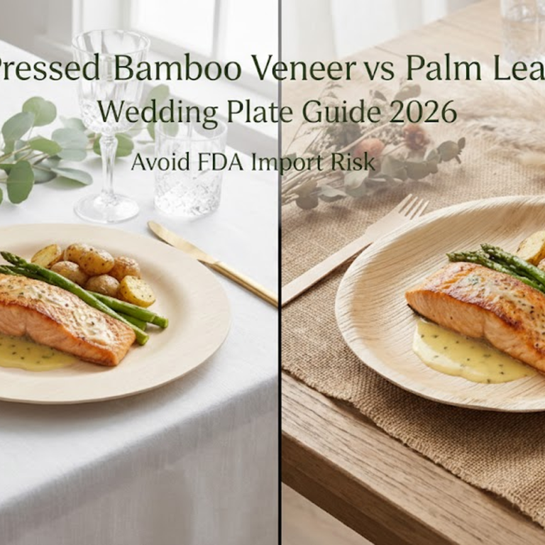 Pressed bamboo veneer vs palm leaf wedding plates comparison for 2026, showing premium table setting and rustic palm leaf style to avoid FDA import risk.