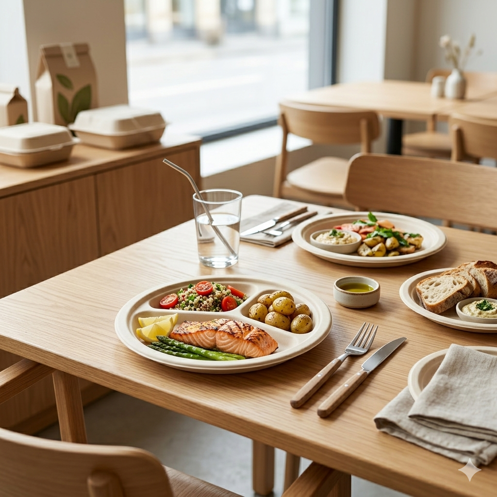 eco friendly bamboo tableware meal set with salmon vegetables