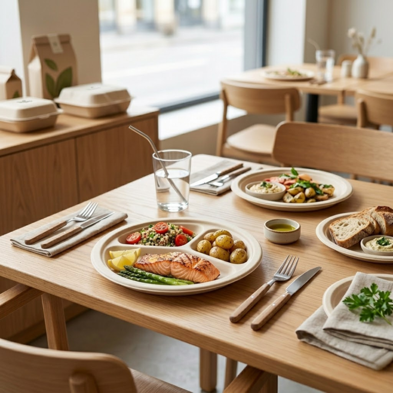 Eco-friendly bamboo cutlery set on wooden dining table with healthy meal, biodegradable bamboo utensils for sustainable dining