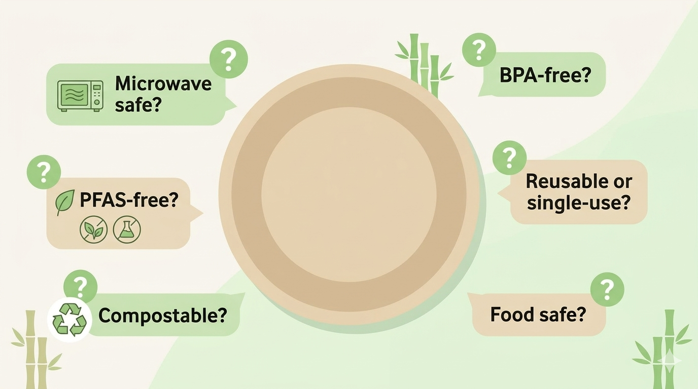 eco friendly bamboo plate with safety questions icons infographic