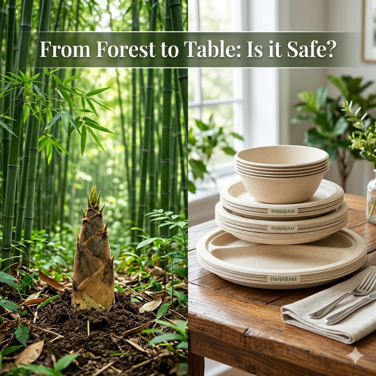 Bamboo forest with fresh bamboo shoot and eco-friendly bamboo cutlery set, biodegradable bamboo tableware as sustainable alternative to plastic