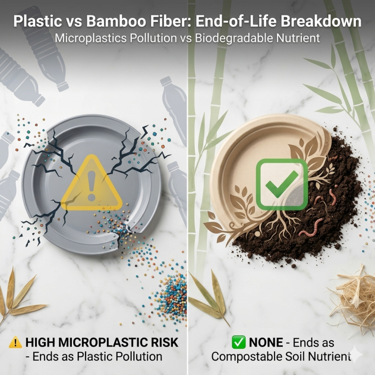 Plastic vs bamboo cutlery end-of-life breakdown showing microplastics pollution from plastic plates versus compostable bamboo tableware returning to soil