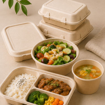 A takeaway food packaging scene featuring disposable food containers, clamshell boxes, matching bowls and delivery-ready meal packaging for restaurants and foodservice businesses.