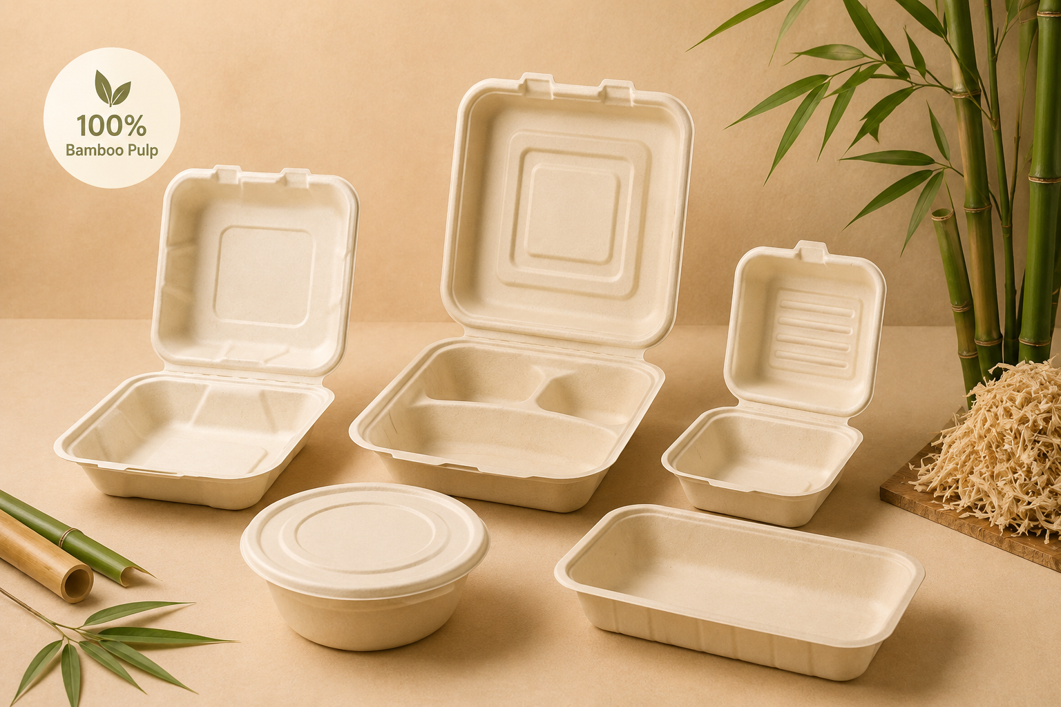 Natural-color bamboo fiber clamshells, bowls, trays, and takeaway containers