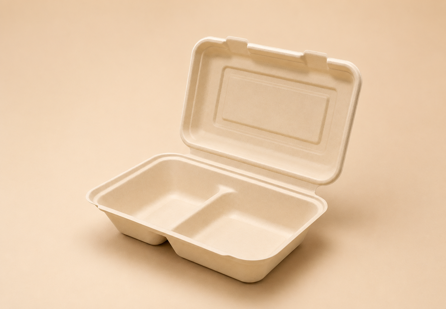 10 by 6 inch two-compartment bamboo fiber clamshell takeaway container