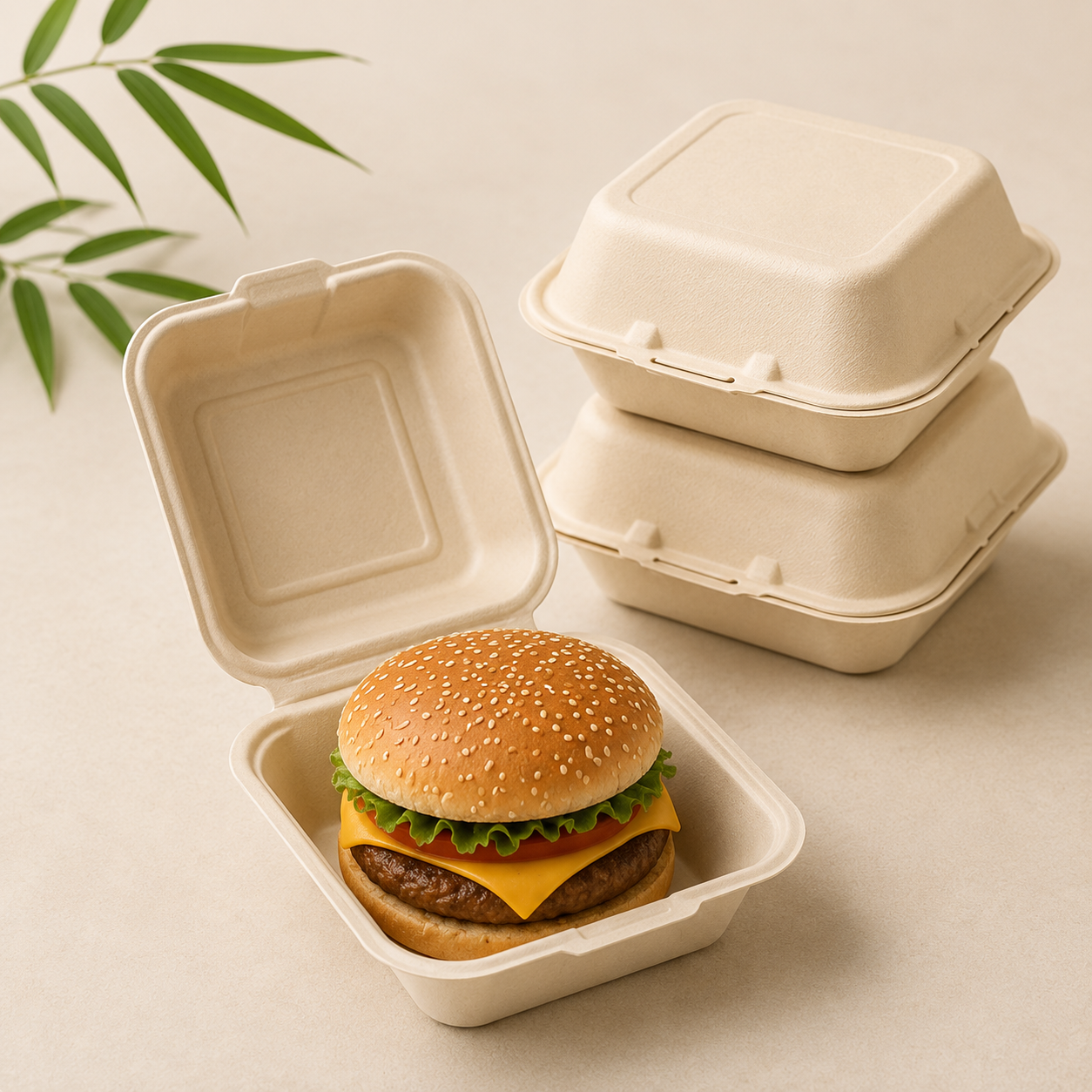 6-inch bamboo fiber burger box with hamburger and stacked clamshell containers