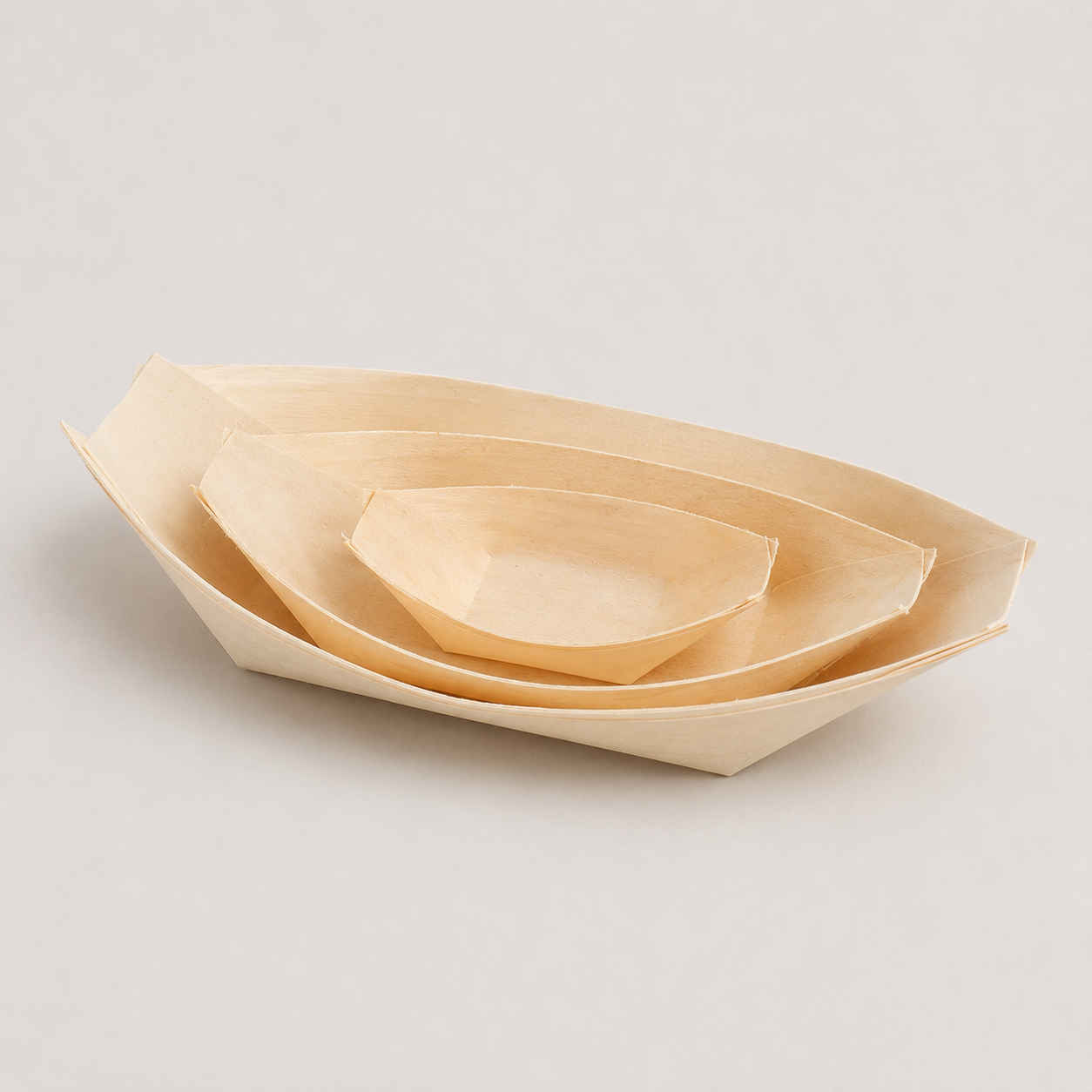 Natural wooden boat trays in multiple sizes