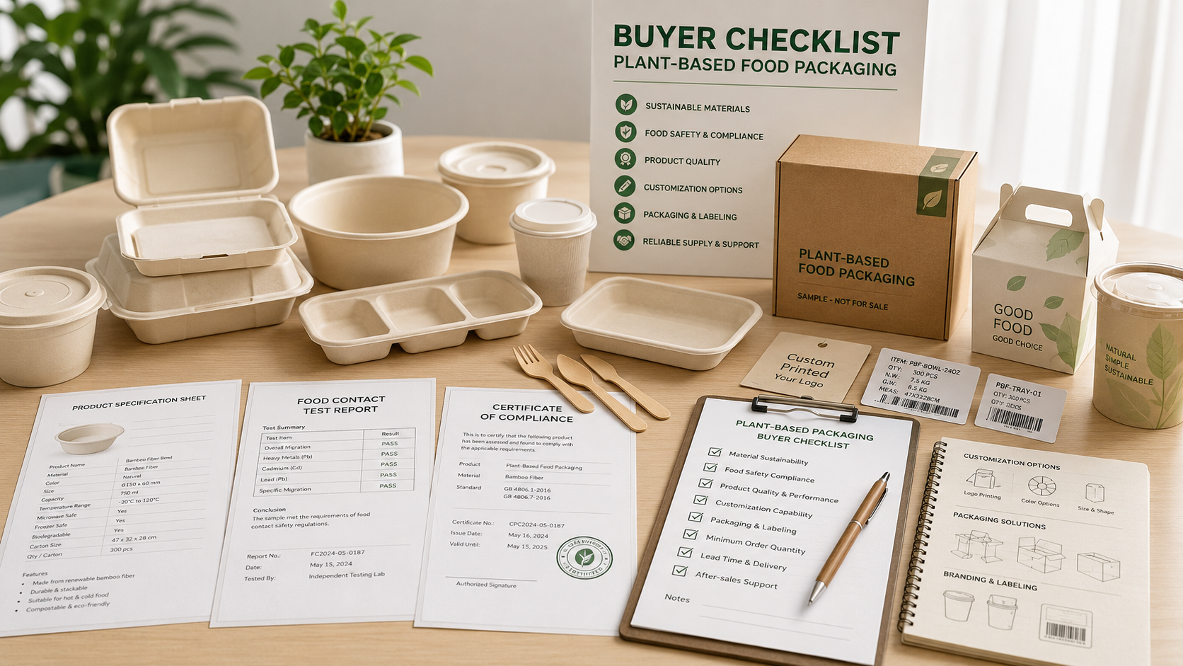 B2B buyer checking plant-based food packaging samples, certificates and product specifications