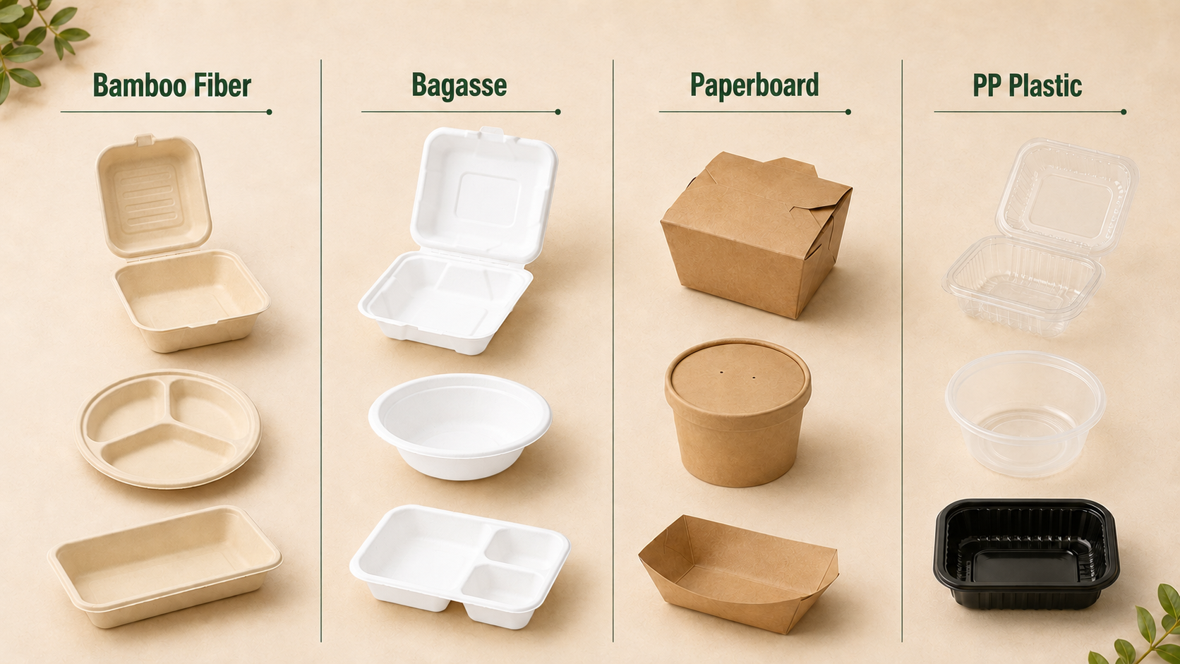Comparison of bamboo fiber, bagasse, paperboard and PP plastic food containers