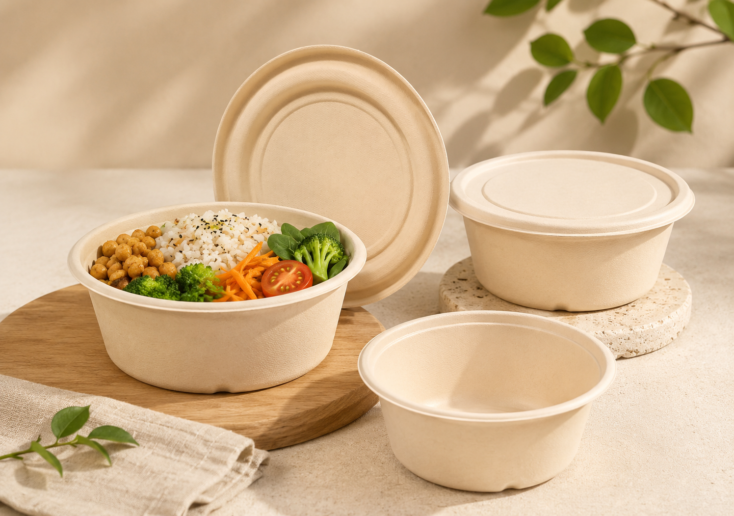 Bamboo fiber bowls with matching lids for salads, rice meals and takeaway food packaging