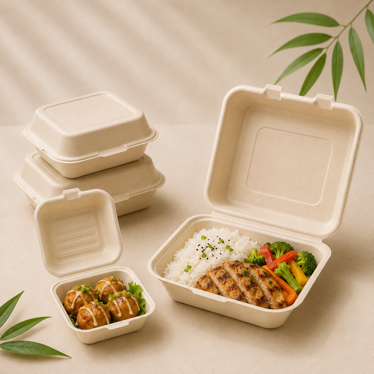 Bamboo fiber clamshell containers for burgers, snacks and takeaway food