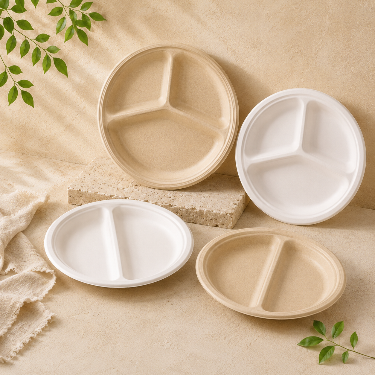 Bamboo fiber compartment plates with separate sections for takeaway meals catering and portion-controlled food service