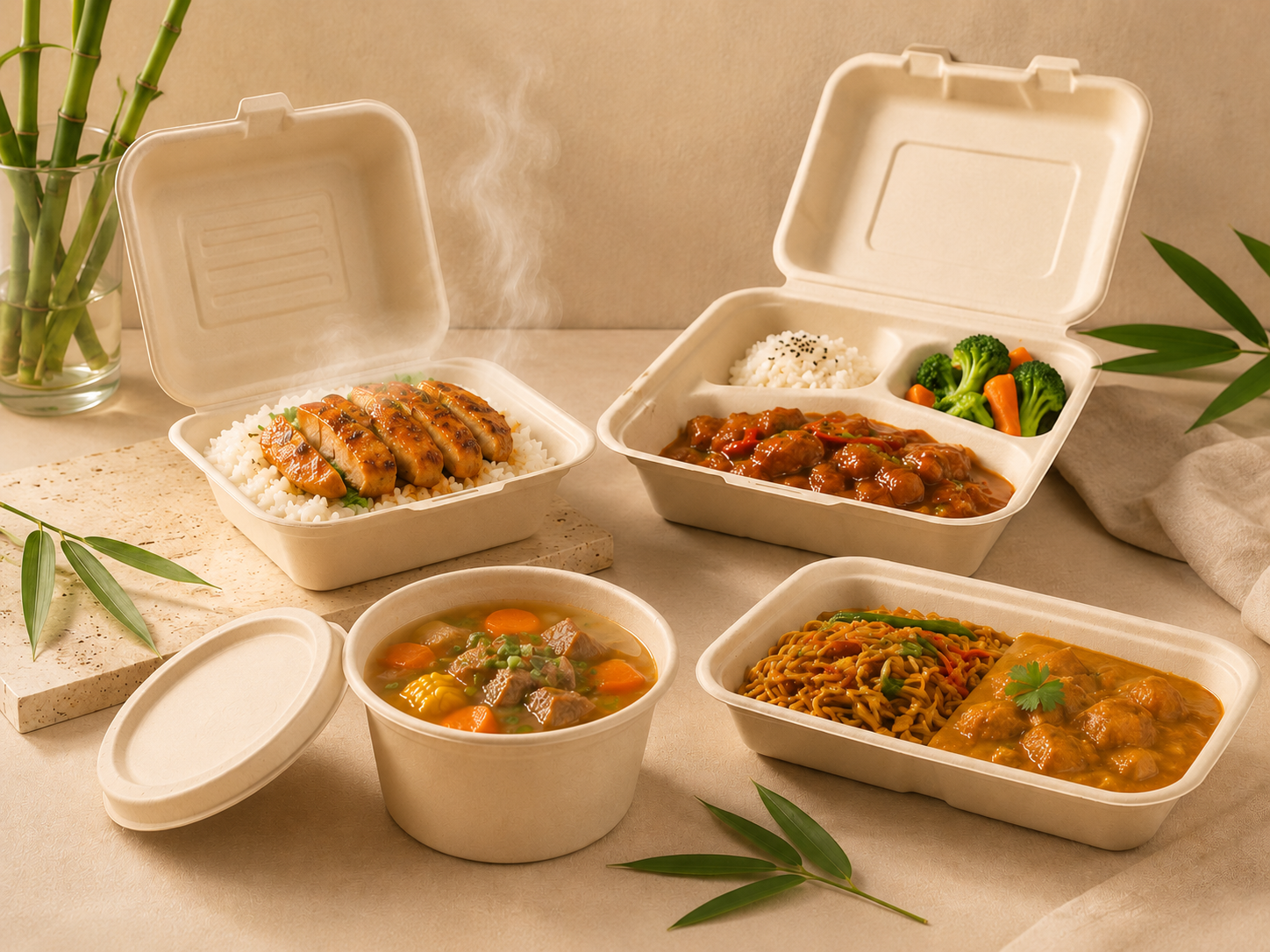 Bamboo fiber containers holding hot rice, oily dishes, soup, and saucy meals