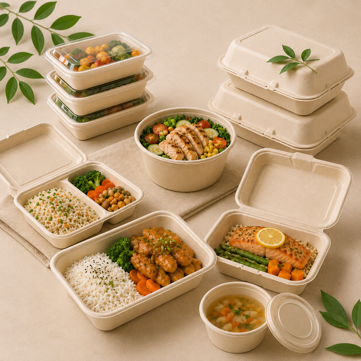 Bamboo fiber food containers, clamshell boxes, bowls and containers with lids