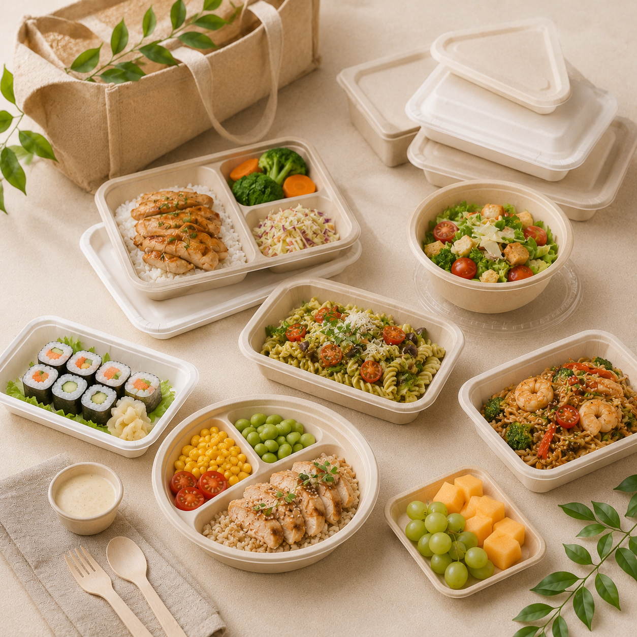Bamboo fiber food containers and disposable trays for takeaway and food delivery services