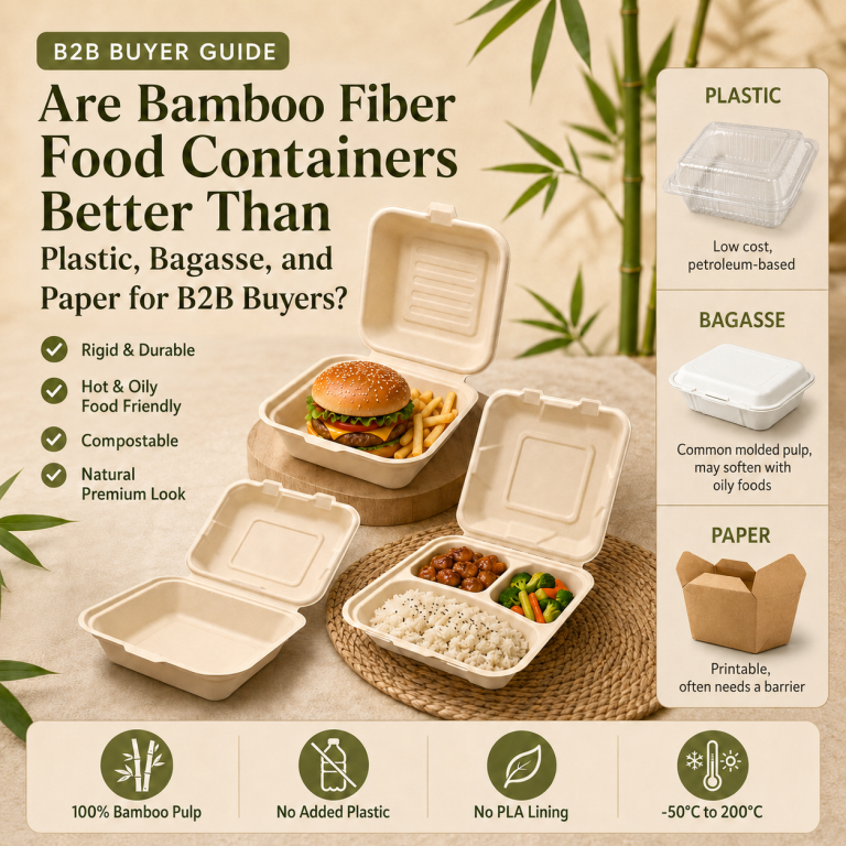 Bamboo fiber food containers compared with plastic, bagasse, and paper packaging for B2B buyers