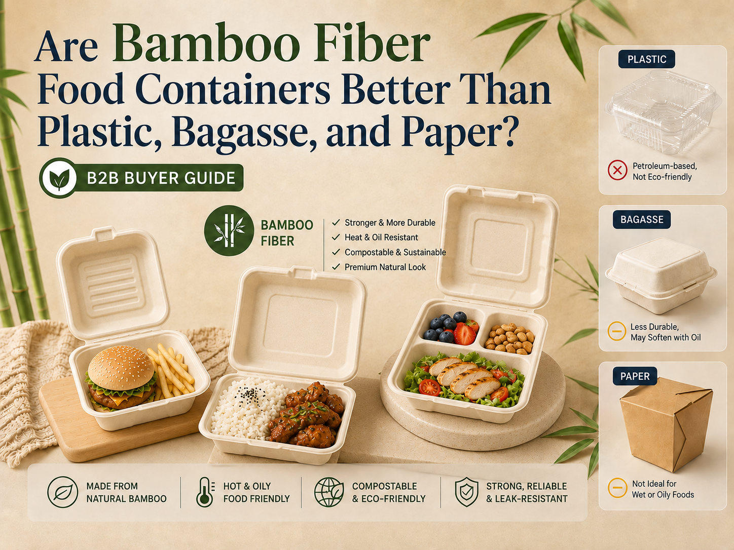 Bamboo fiber food containers compared with plastic, bagasse, and paper food packaging