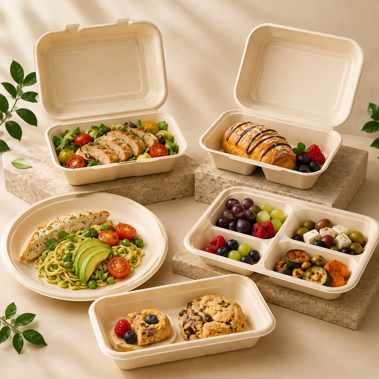 Bamboo fiber food packaging containers, plates, bowls and cups