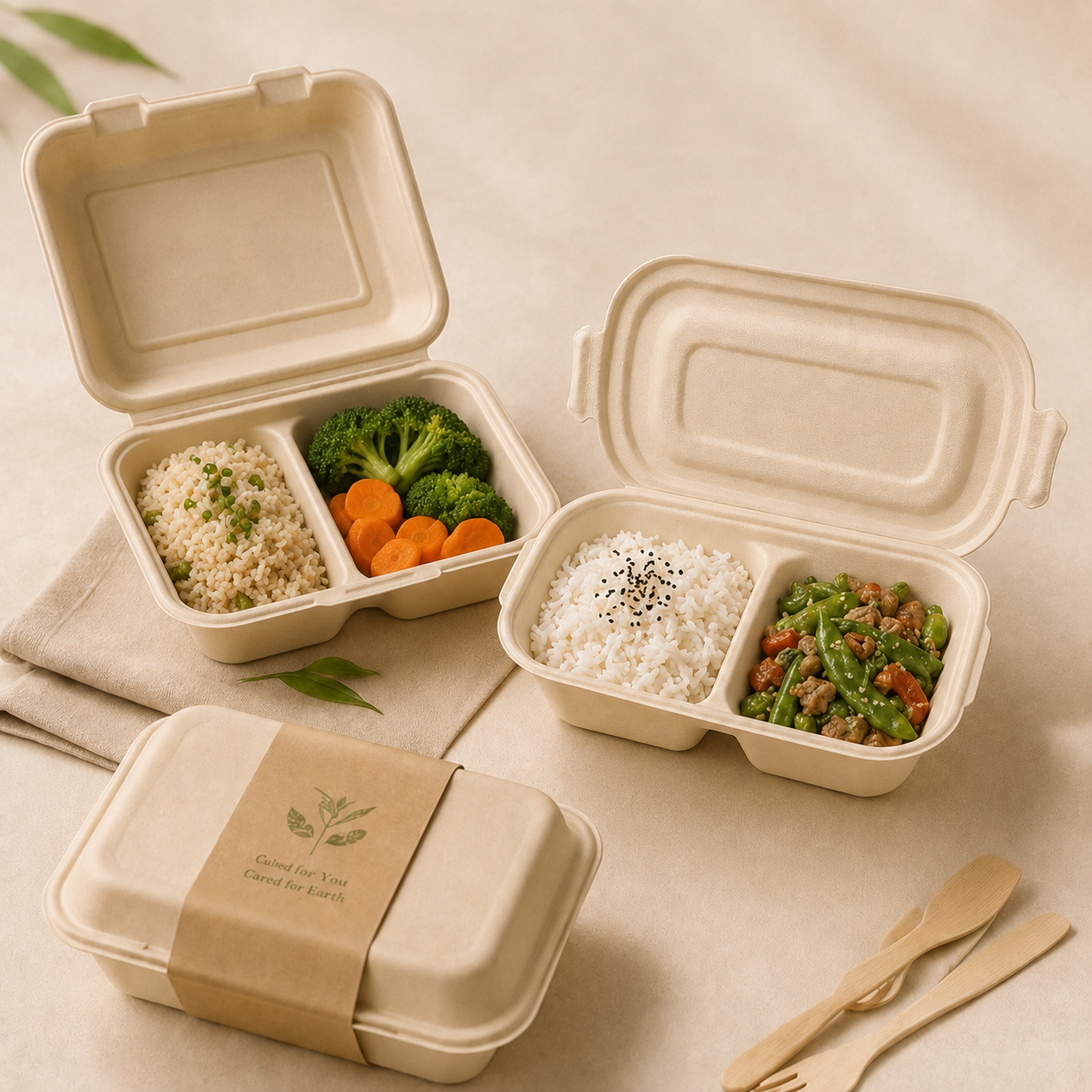 Bamboo fiber lunch and bento containers for prepared meals and meal prep