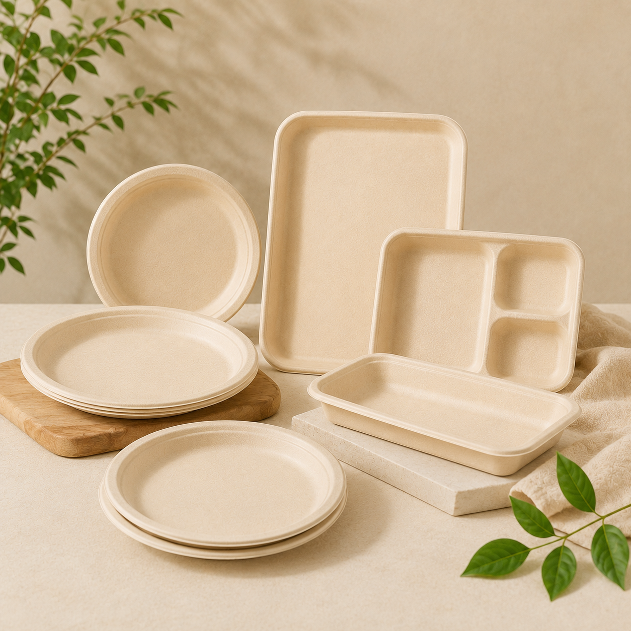 Bamboo fiber plates and trays for custom food packaging, catering and foodservice projects