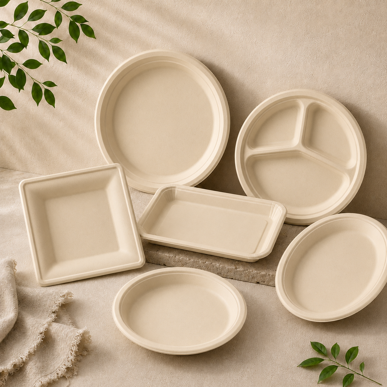 Bamboo fiber plates and trays in round, oval, square and compartment styles for foodservice packaging