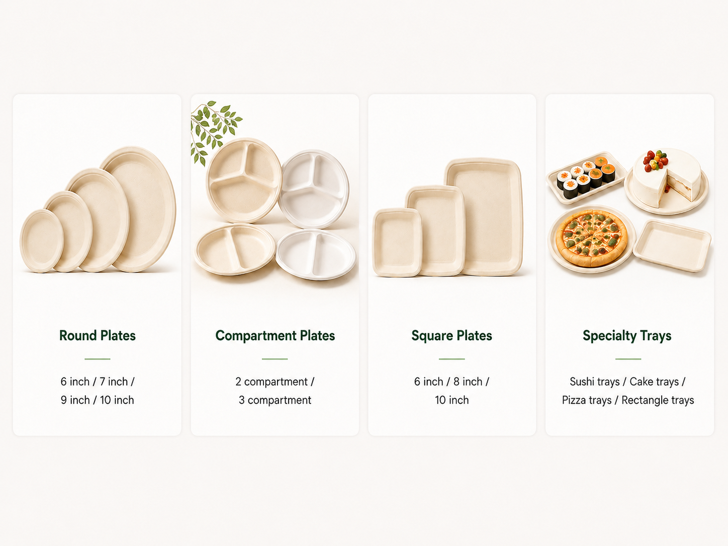 Multiple sizes and formats of disposable bamboo fiber plates and trays including round plates, compartment plates, square plates and specialty food trays
