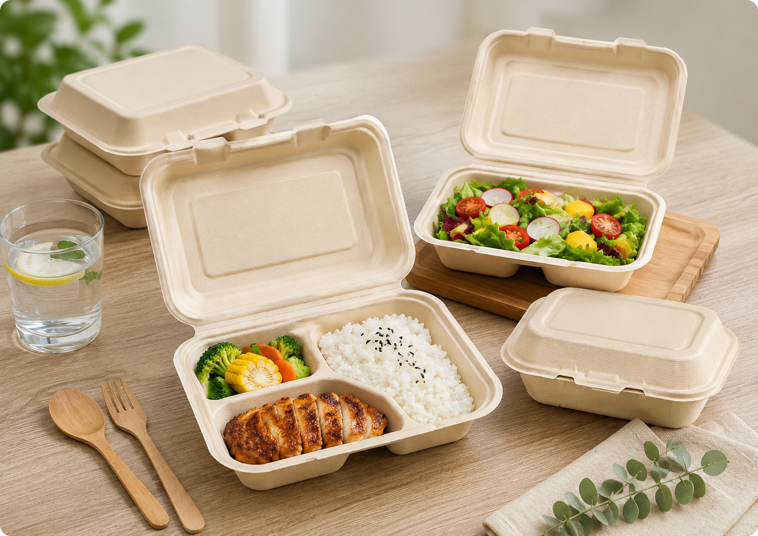 Bamboo fiber clamshell takeaway containers with food for sustainable food packaging by Panabam