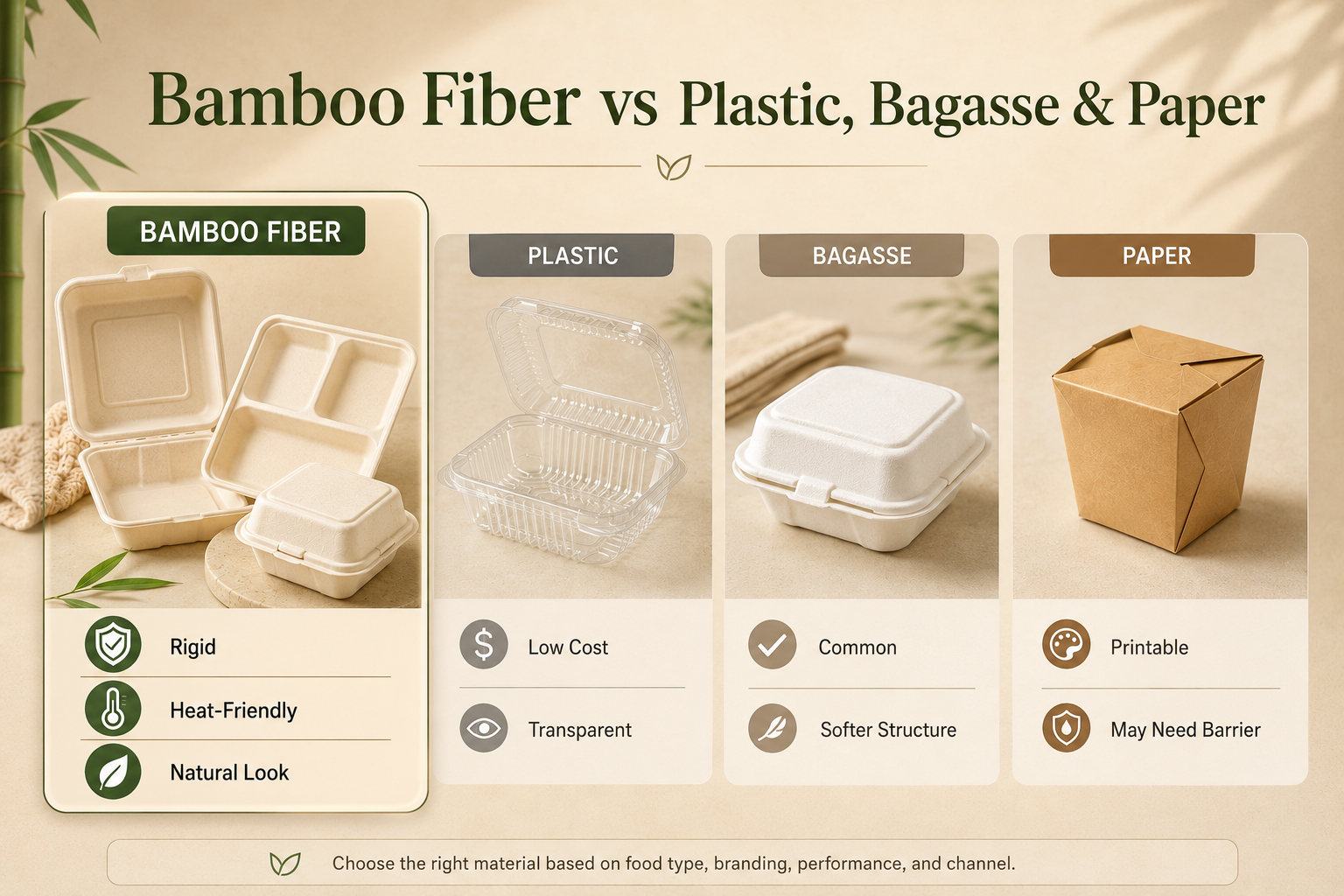 Bamboo fiber, plastic, bagasse, and paper food container comparison