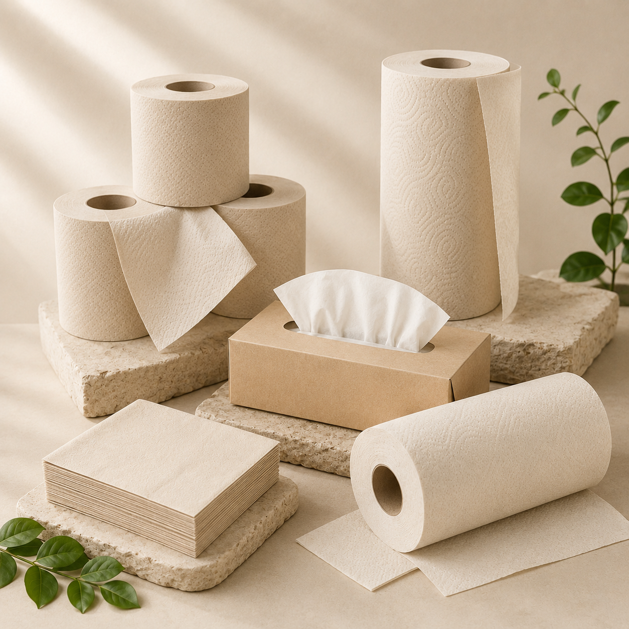 Bamboo pulp toilet tissue, facial tissue, kitchen paper and napkins