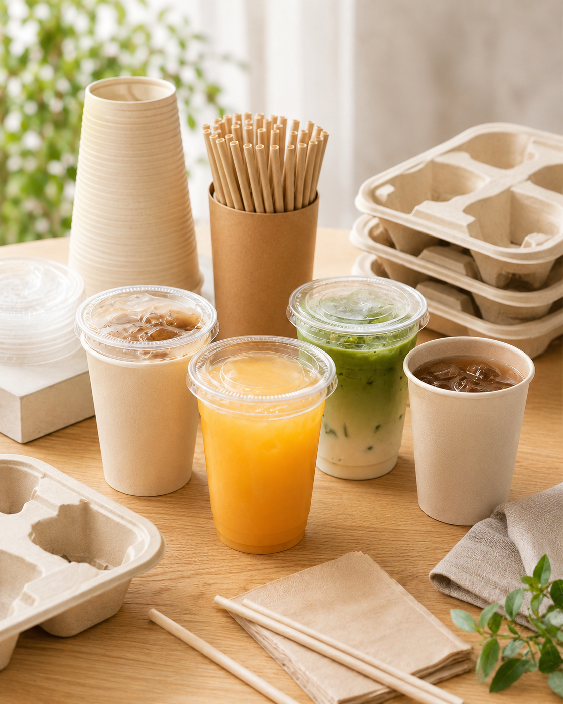 Disposable cups, lids and straws for beverage service and takeaway drinks