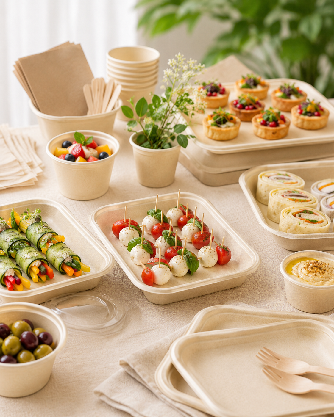 Disposable bamboo fiber trays, plates and tableware for catering and events