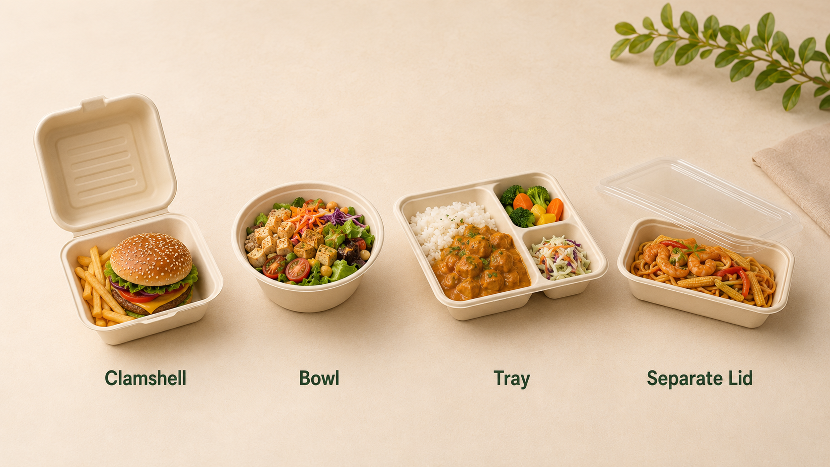 Clamshell, bowl, tray and separate-lid bamboo fiber food containers