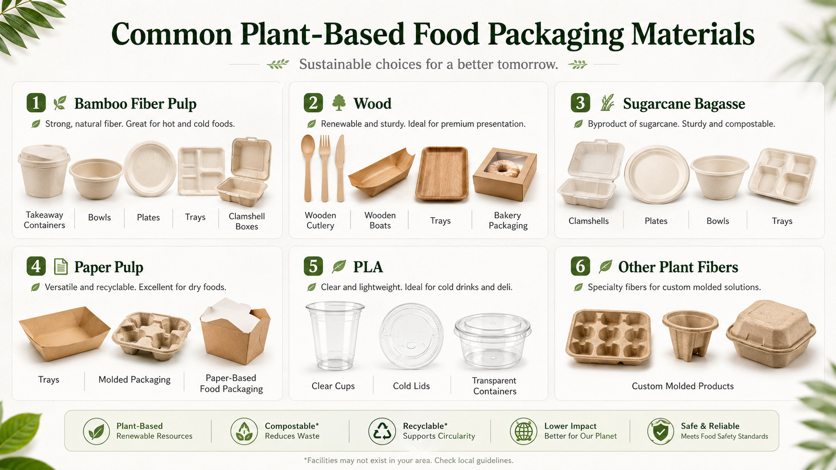 Common plant-based food packaging materials including bamboo fiber, wood, bagasse, paper pulp and PLA
