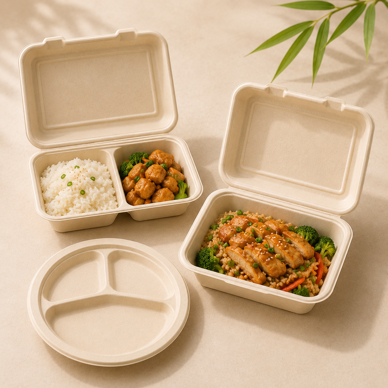 Two-compartment and single-compartment bamboo fiber food containers with meals