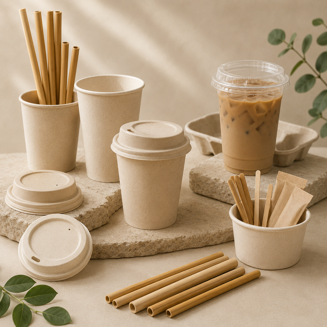 Plant-based cups, matching lids and bamboo beverage accessories