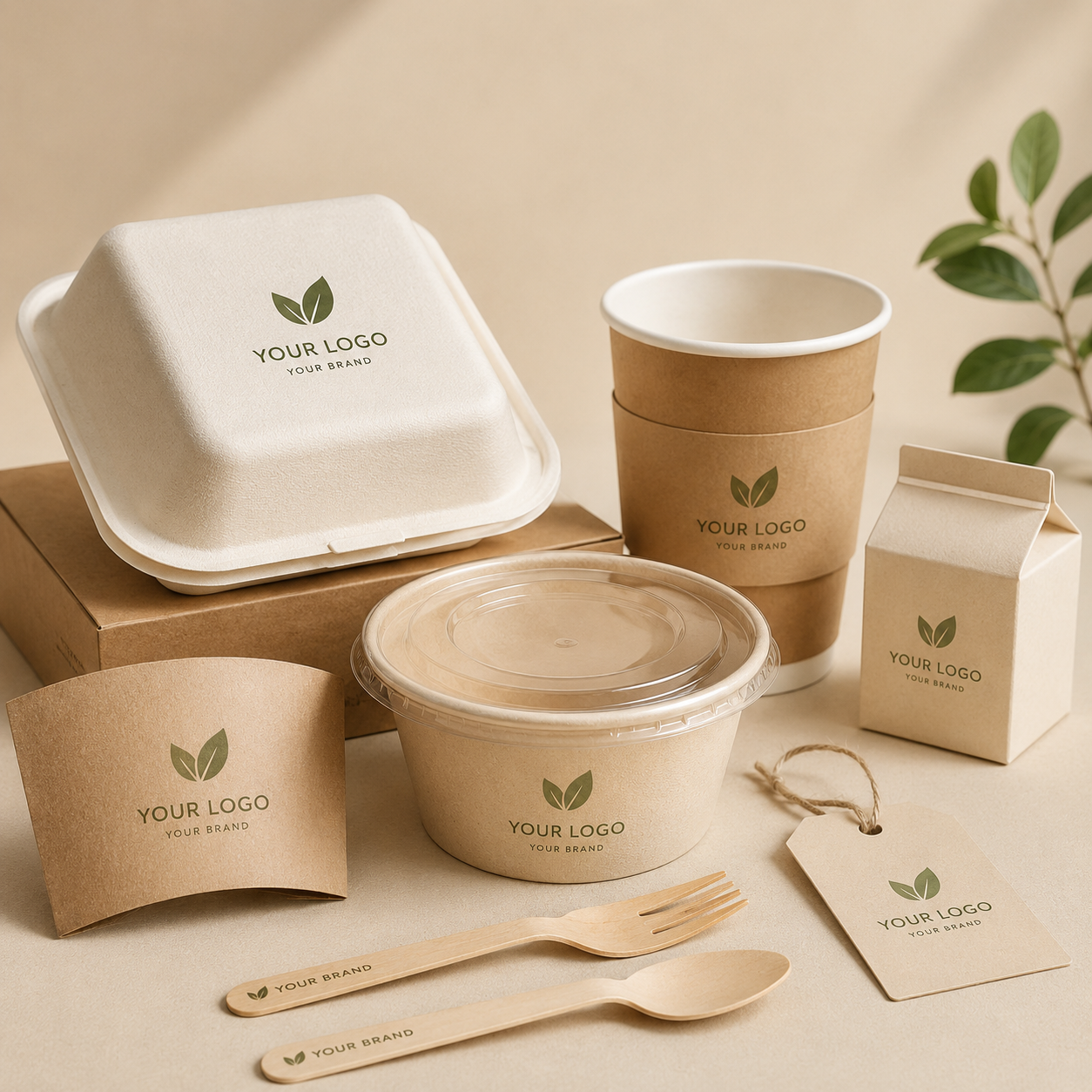 Custom logo food packaging with bamboo fiber containers, cups, labels and wooden cutlery by Panabam