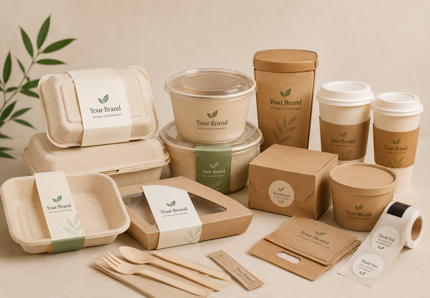 Custom logo and private label food packaging with bamboo fiber containers, cups, labels and wooden cutlery by Panabam