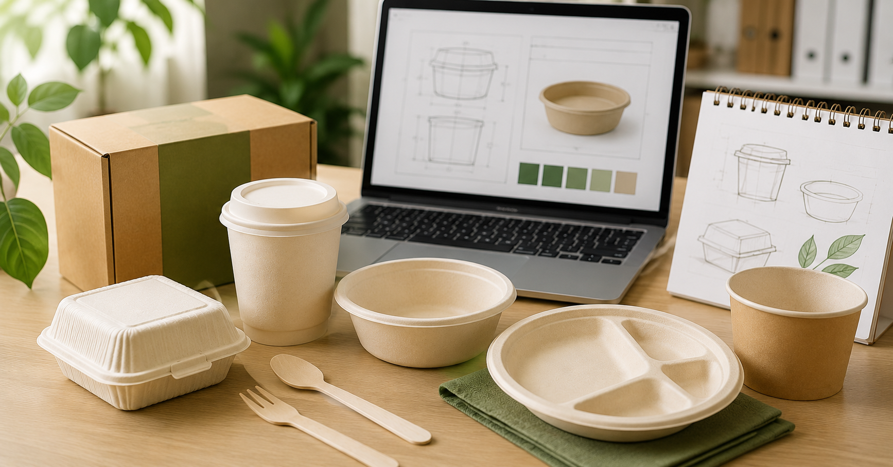 Custom food packaging project with bamboo fiber containers, cups, cutlery and packaging design samples