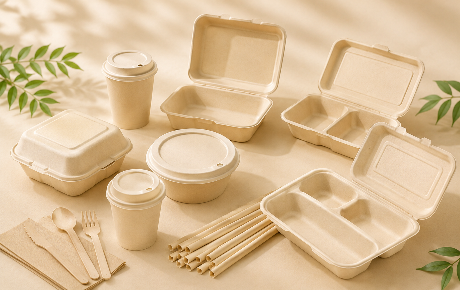 Disposable eco food packaging products including bamboo fiber containers, cups, cutlery and straws by Panabam
