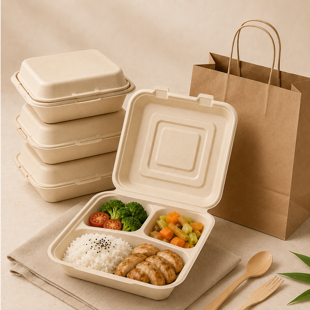 Disposable bamboo fiber takeaway boxes with meal packaging and paper bag