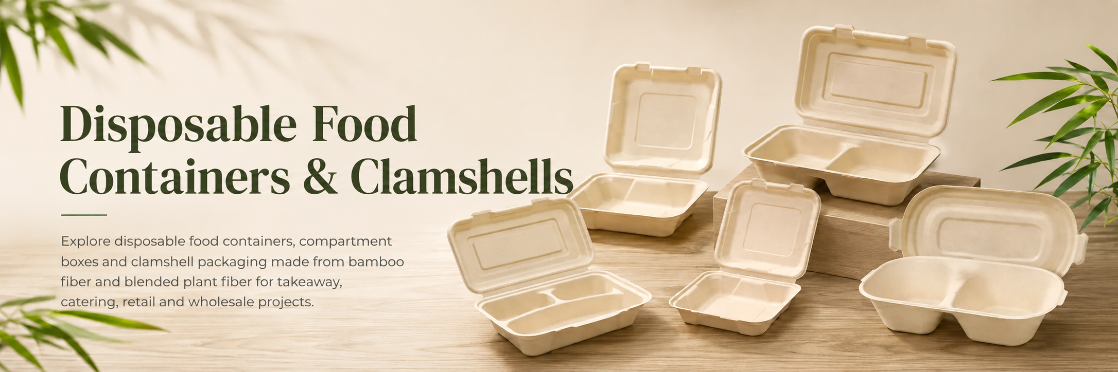 Disposable food containers and clamshell packaging made from bamboo fiber and blended plant fiber