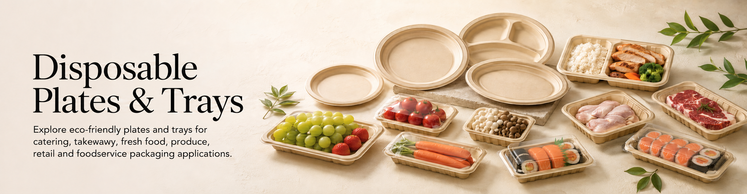 Disposable plates and trays made from bamboo fiber and plant fiber for catering, takeaway, fresh food, produce and retail packaging