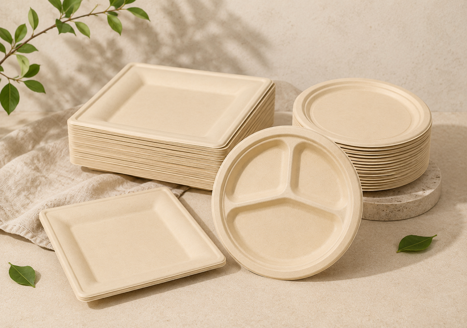 Disposable bamboo fiber plates and trays for catering, events and foodservice packaging