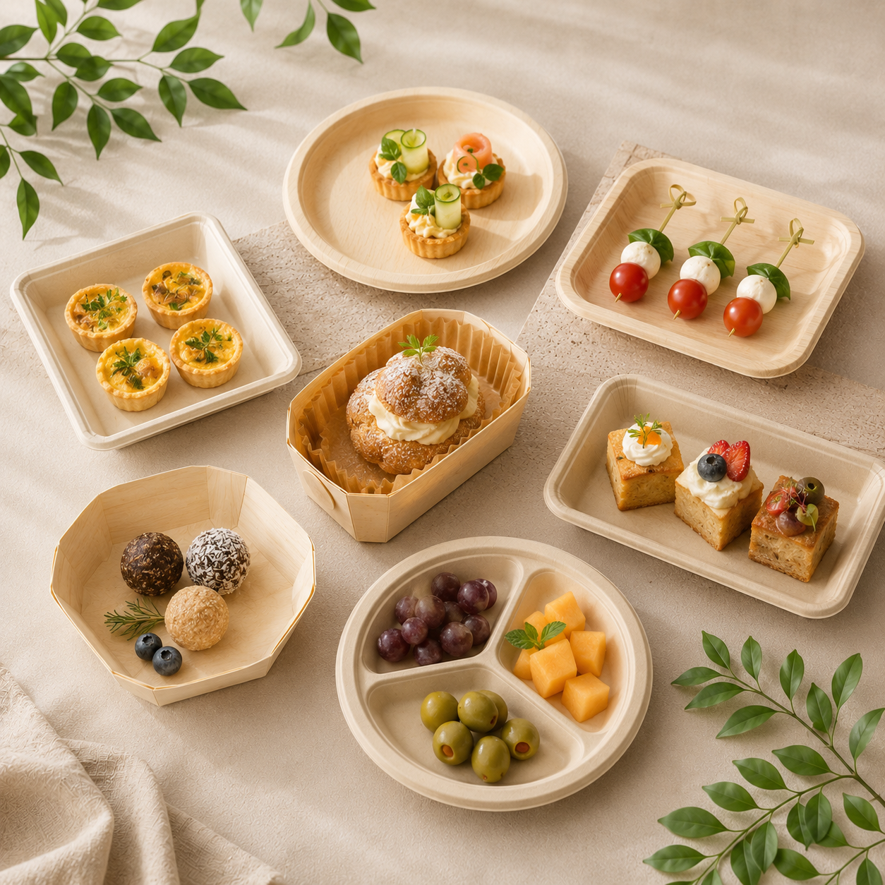 Disposable bamboo fiber plates and wooden serving trays for catering events and weddings