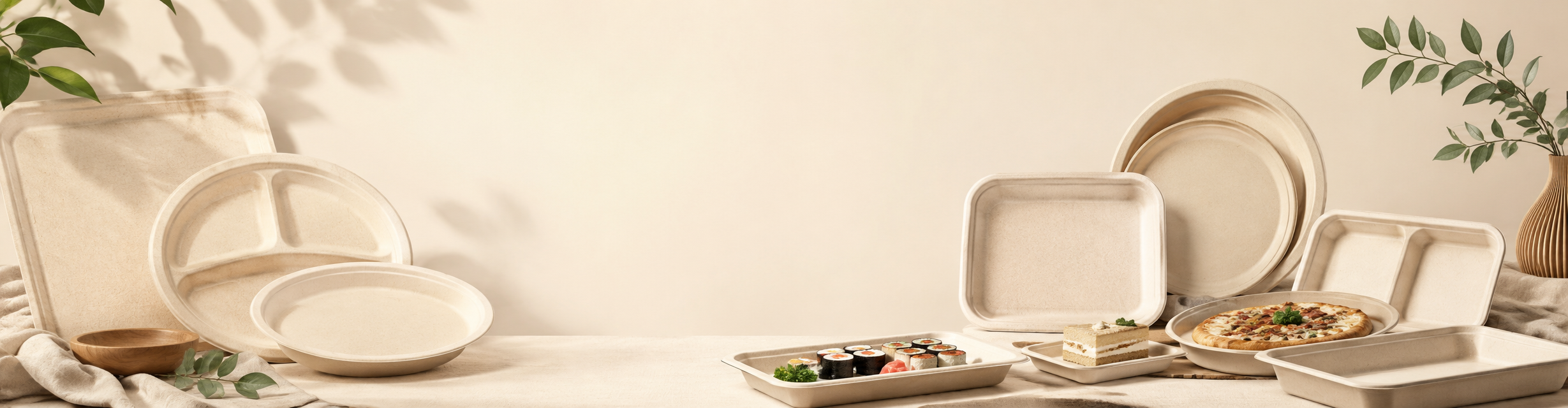 Bamboo fiber plates and trays for multiple serving options including round plates, compartment plates, square plates, sushi trays, cake trays and pizza trays