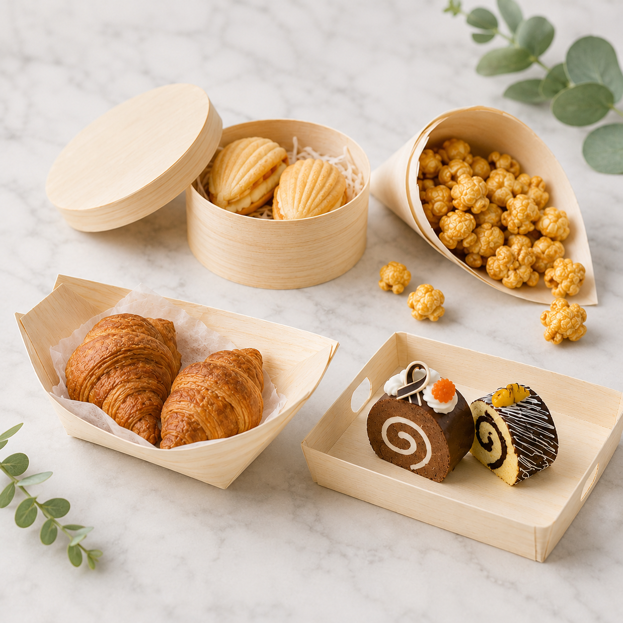 Disposable wooden food packaging for bakery, snacks, desserts and catering by Panabam