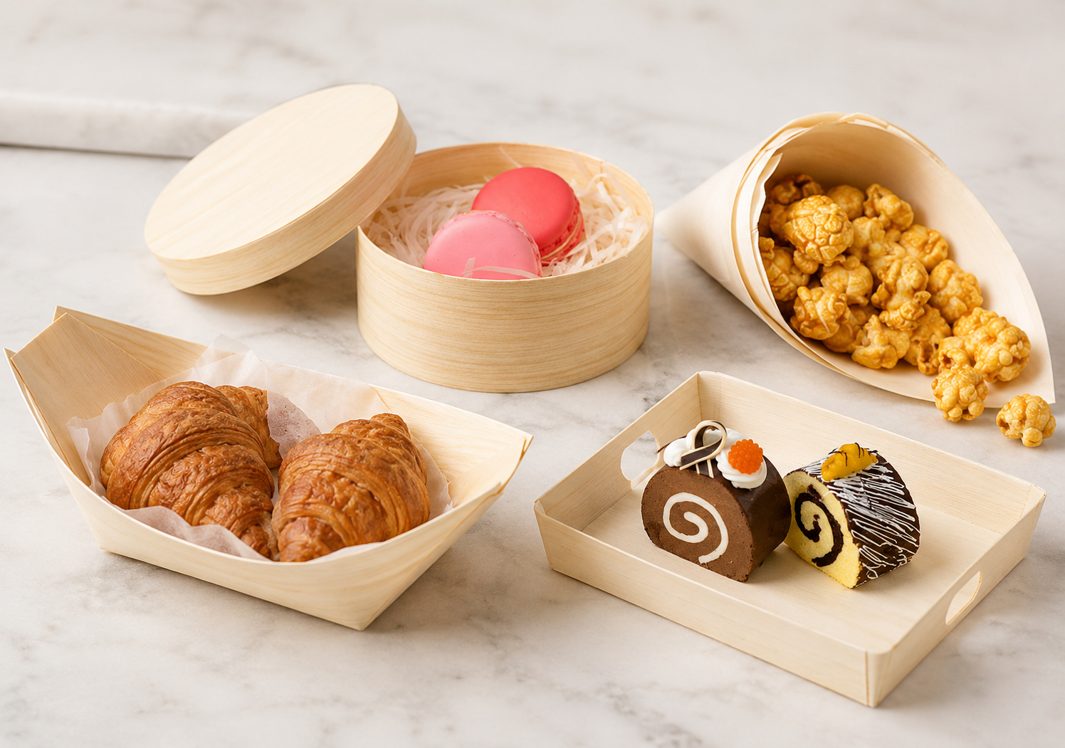 Disposable wooden boats, trays and food packaging for bakery, snacks and catering