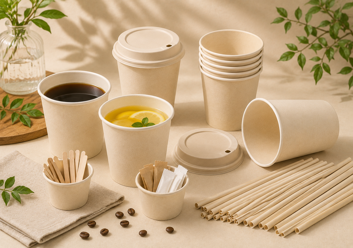 Eco foodservice cups, lids, straws and accessories for takeaway beverage packaging