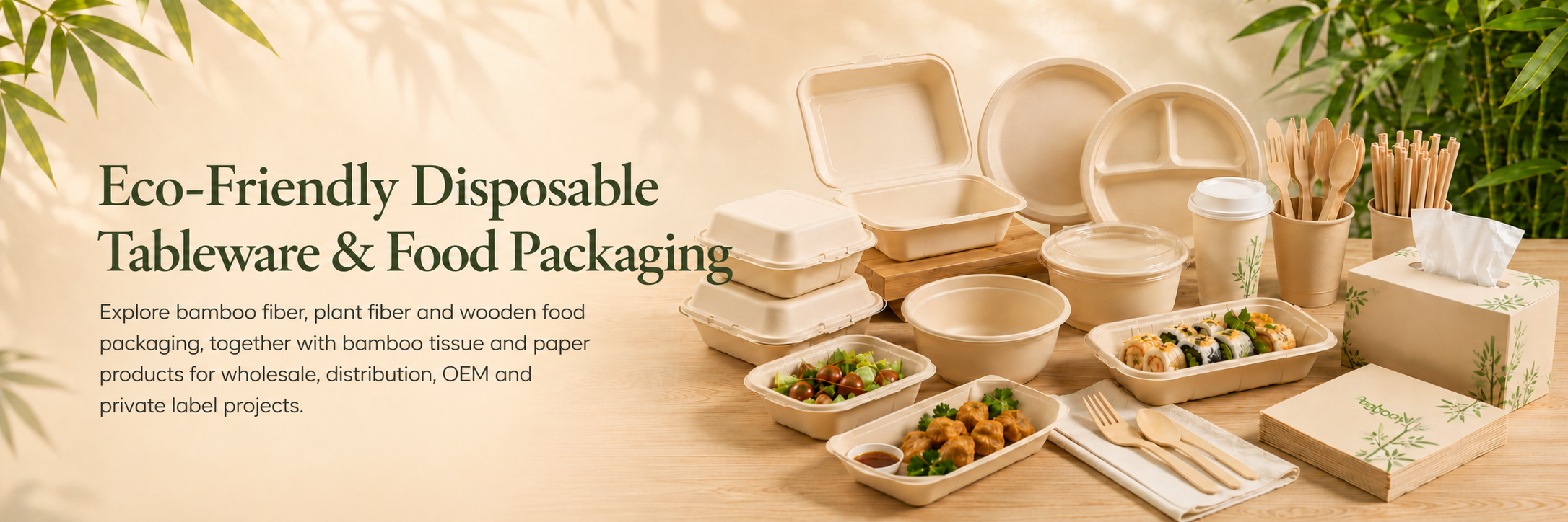 Eco-friendly disposable tableware and food packaging made from bamboo fiber, plant fiber and wood by Panabam